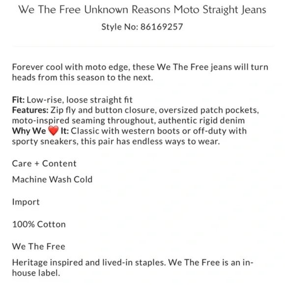 NWT Free People We the Free Unknown Reasons Mid Rise Moto Straight Jeans size 27 - Picture 5 of 9